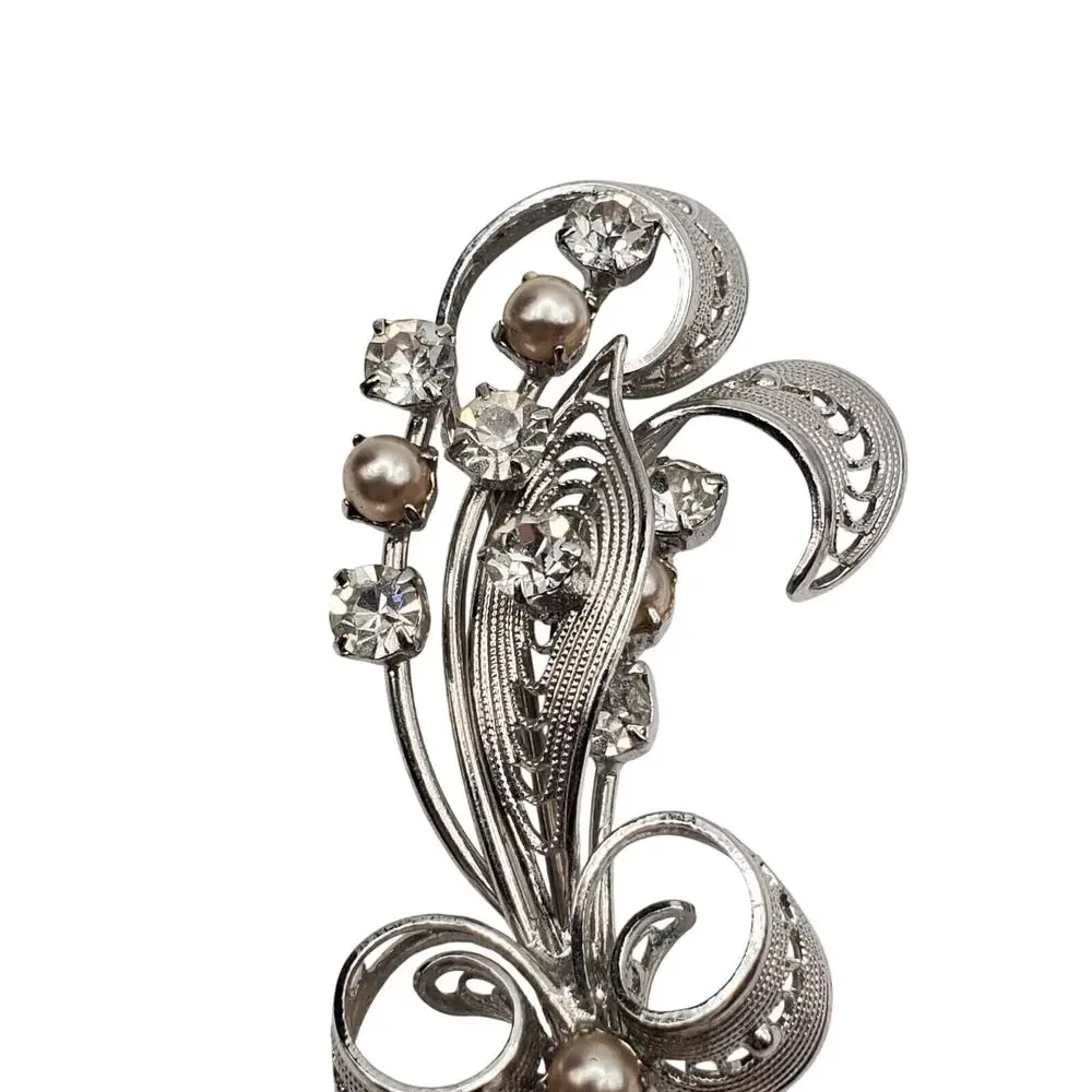Silver Tone Filigree Brooch Floral‎ Spray Faux Pearl Rhinestone Pin Bow Ribbon